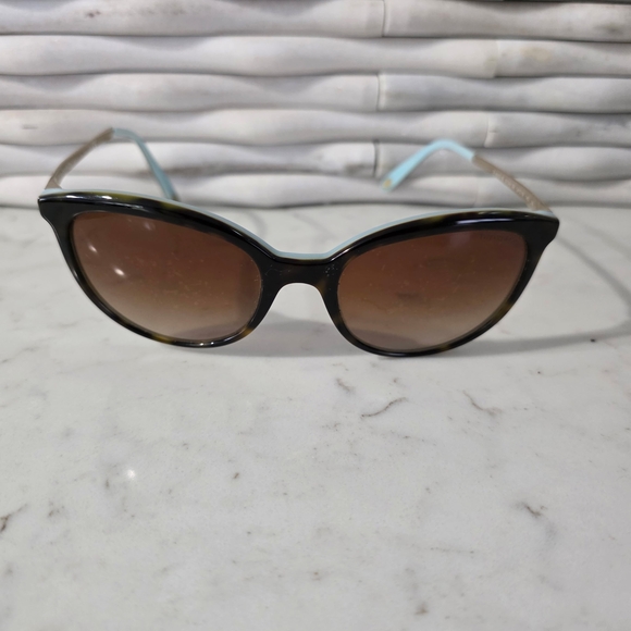 Tiffany & Co. Black Frame Sunglasses with Brown Lenses and Pale Blue Temple Tips - Picture 3 of 10